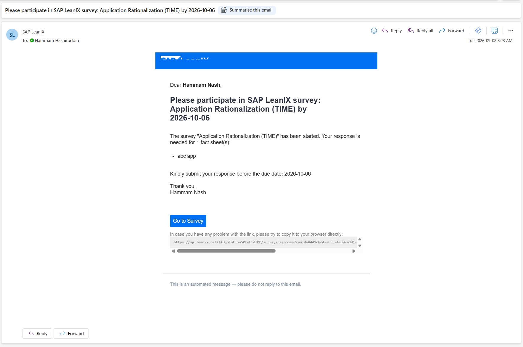 LeanIX survey questionnaire to the application owner