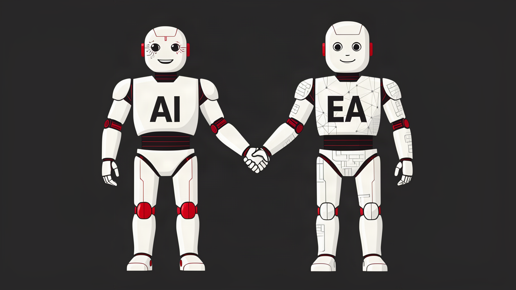Two equal partner robots labeled AI and EA holding hands, with white bodies and ATDSol red accents