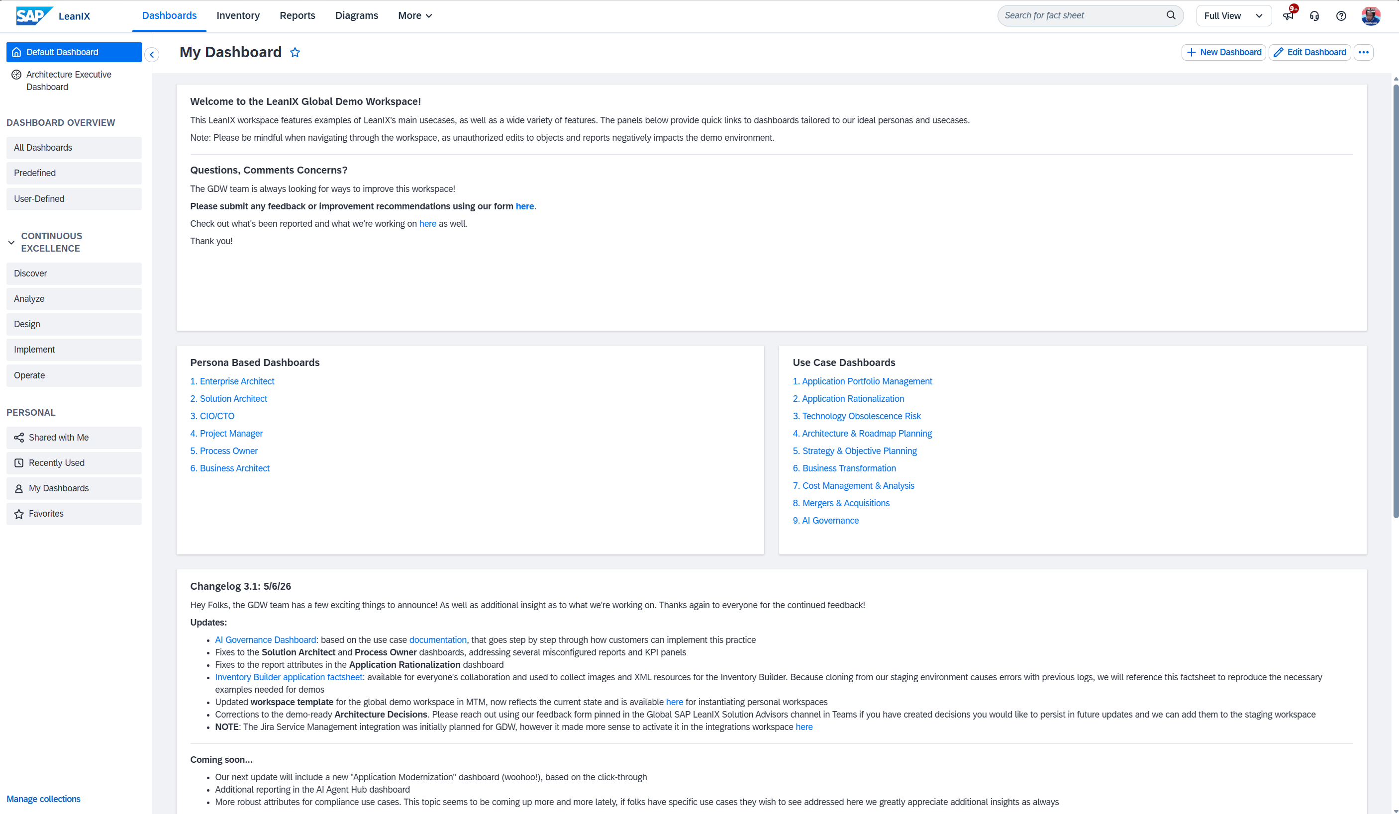 LeanIX My Dashboard with links to persona-based and use-case dashboards
