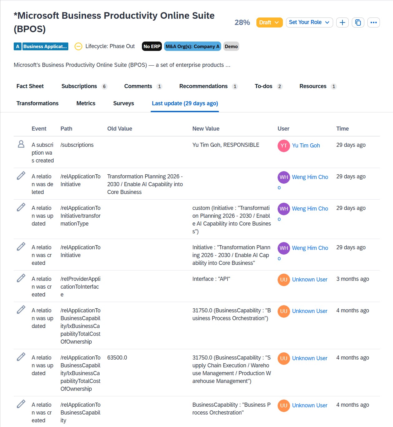 LeanIX fact-sheet history — interactive audit trail