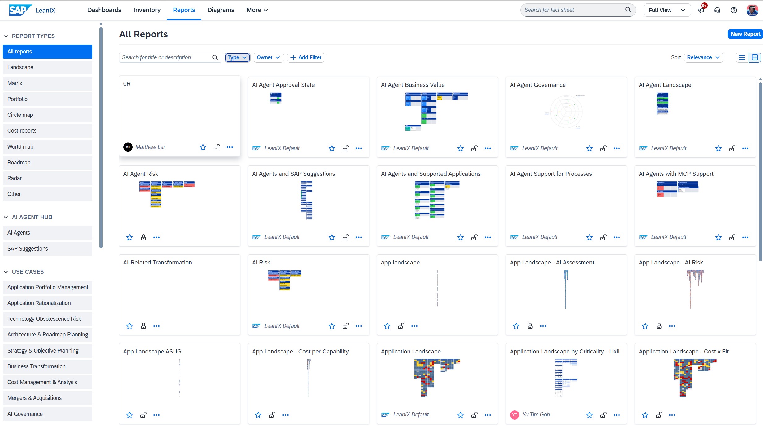 LeanIX All Reports catalog with report preview cards, search, type and owner filters, and use-case navigation